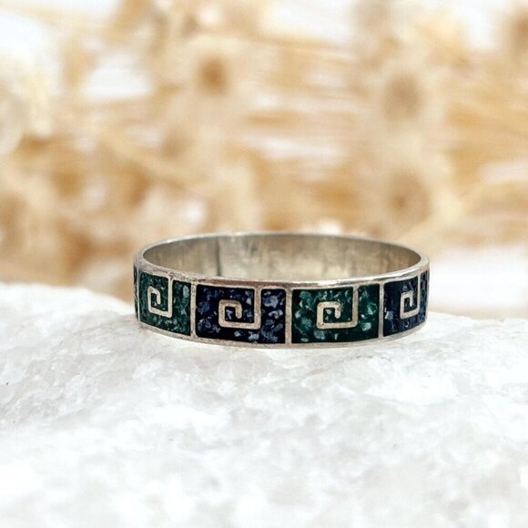 Mexican Made Mosaic Turquoise Inlaid Vintage Sterling Geometric Ring - sz 7.25 - Picture 1 of 7